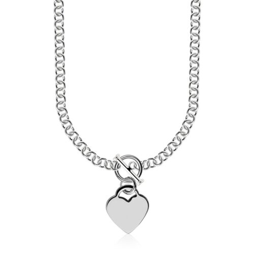 Size: 18” – Sterling Silver Rhodium Plated Rolo Chain Necklace with a Heart Toggle Charm