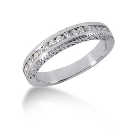 Size: 6.5 – 14k White Gold Vintage Style Engraved Diamond Channel Set Wedding Ring Band