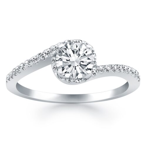 Size: 5 – 14k White Gold Bypass Swirl Diamond Halo Engagement Ring