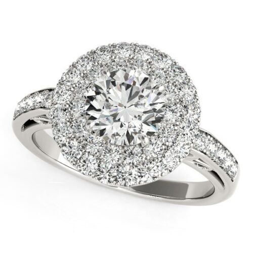Size: 8.5 – 14k White Gold Diamond with Two-Row Pave Border Engagement Ring (2 cttw)