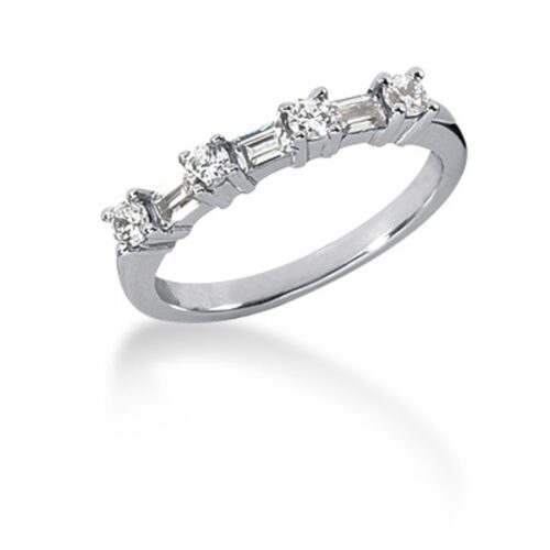 Size: 5.5 – 14k White Gold Seven Diamond Wedding Ring Band with Round and Baguette Diamonds