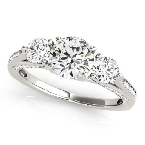 Size: 3 – 14k White Gold 3 Stone Style Round Diamond Engagement Ring (1 3/4 cttw)