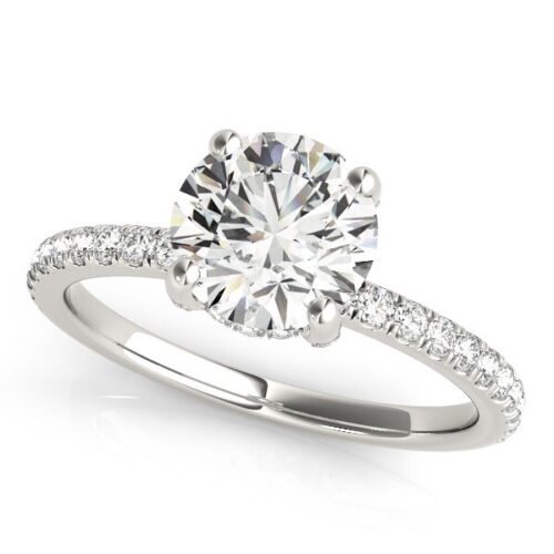 Size: 3.5 – 14k White Gold Diamond Engagement Ring with Scalloped Row Band (2 1/4 cttw)