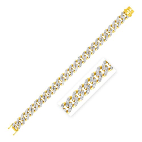 Size: 8.5” – 14k Two Tone Gold 8 1/2 inch Curb Chain Bracelet with White Pave