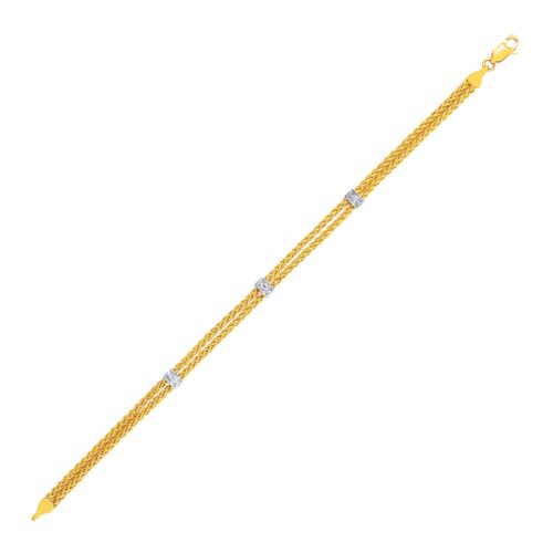 Size: 7.25” – 14k Two-Tone Gold Dual Wheat Chain Bracelet with Diamond Stations (.02 cttw)