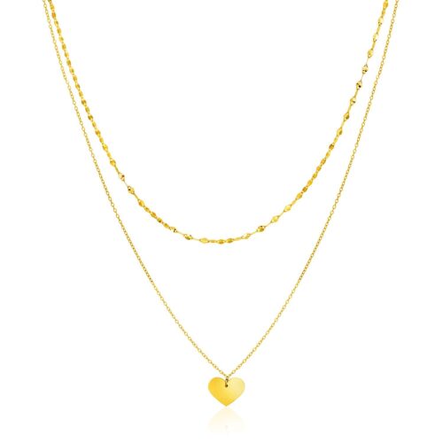 Size: 18” – 14k Yellow Gold 18 inch Two Strand Necklace with Heart Pendant