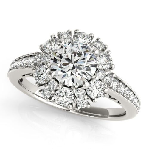 Size: 7 – 14k White Gold Antique Style Halo Round Diamond Engagement Ring (2 cttw)
