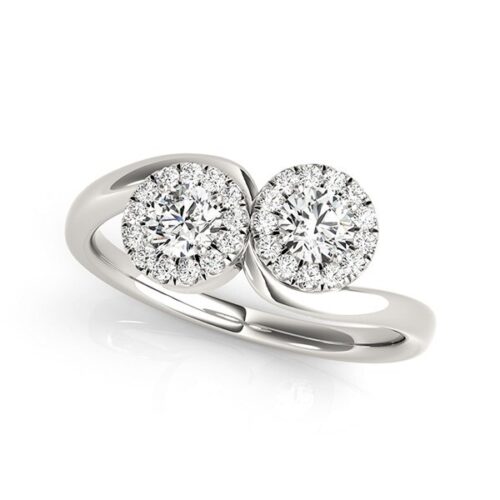 Size: 8.5 – 14k White Gold Halo Set Round Two Stone Diamond Ring (3/8 cttw)