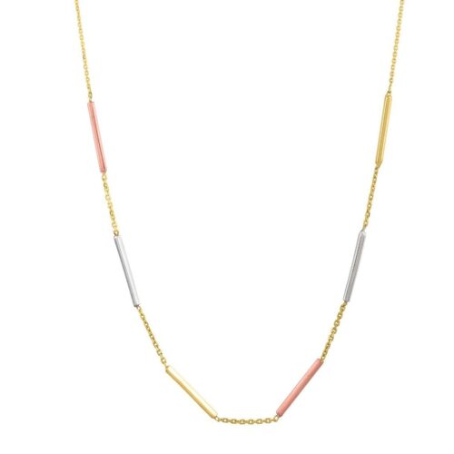 Size: 18 – 10K Tri Tone Gold Stationed Bar Necklace
