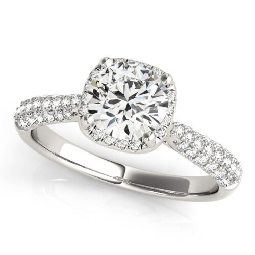 Size: 4 – 14k White Gold Halo Graduated Pave Shank Diamond Engagement Ring (1 1/3 cttw)