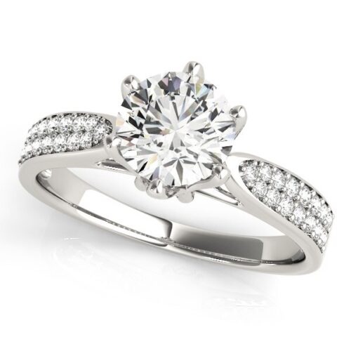 Size: 6.5 – Six Prong 14k White Gold Diamond Engagement Ring with Pave Band (1 5/8 cttw)