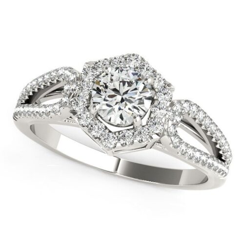 Size: 7.5 – 14k White Gold Diamond Engagement Ring with Hexagon Halo Border (7/8 cttw)