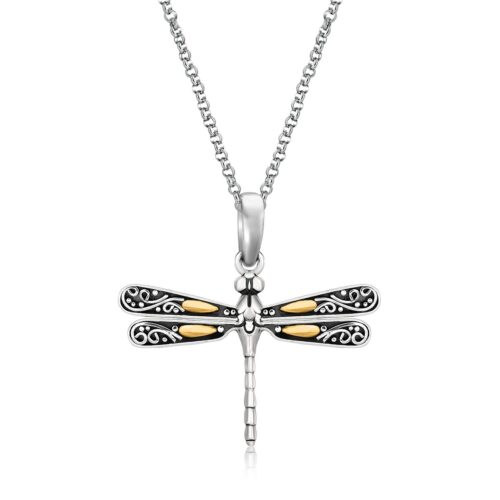Size: 18 – 18k Yellow Gold and Sterling Silver Pendant in a Dragonfly Design