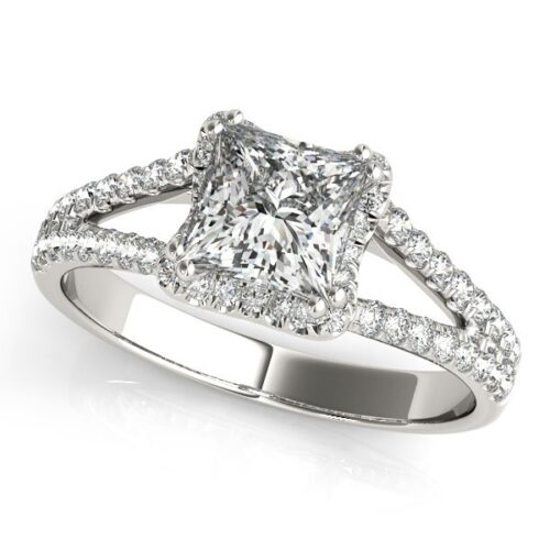 Size: 7 – 14k White Gold Princes Cut Halo Split Shank Diamond Engagement Ring (2 cttw)