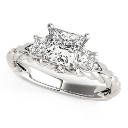 Size: 7.5 – 14k White Gold Princess Cut 3 Stone Antique Style Diamond Ring (1 1/8 cttw)