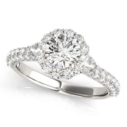 Size: 6 – 14k White Gold Halo Round Diamond Engagement Pave Band Ring (2 cttw)