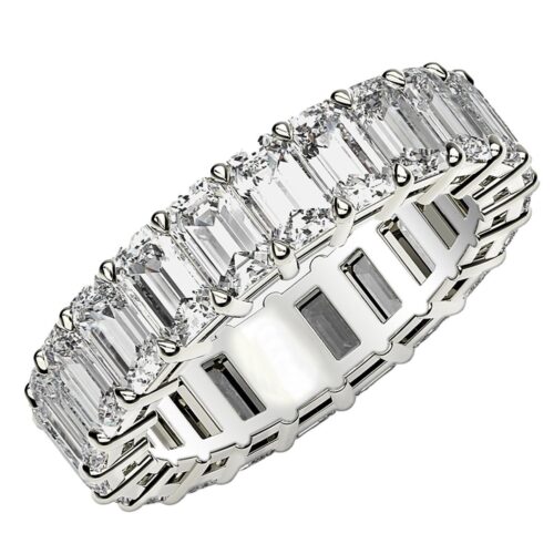 Size: 8.5 – Emerald Cut Lab Grown Diamond Eternity Ring in 14k White Gold (5 cttw FG/VS2)