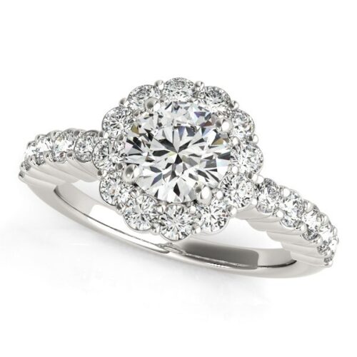 Size: 7.5 – 14k White Gold Round Floral Motif Diamond Engagement Ring (1 5/8 cttw)