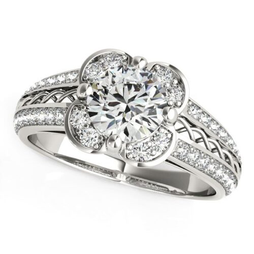 Size: 6.5 – Round Diamond Floral Motif Engagement Ring in 14k White Gold (1 3/8 cttw)