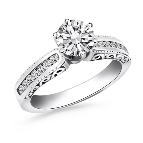 Size: 6 – 14k White Gold Channel Set Engagement Ring with Engraved Sides