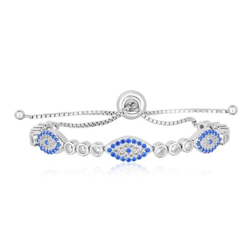 Size: 9.25” – Sterling Silver Adjustable Enameled Evil Eye Bracelet with Cubic Zirconias