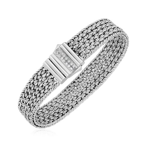 Size: 7.25” – Woven Rope Bracelet with White Sapphire Accented Clasp in Sterling Silver