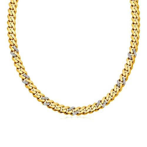 Size: 18” – 14k Yellow Gold 18 inch Polished Curb Chain Necklace with Diamonds
