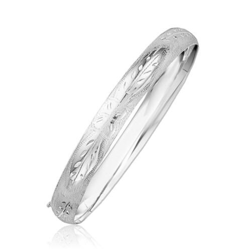 Size: 7” – Classic Floral Carved Bangle in 14k White Gold (8.0mm)