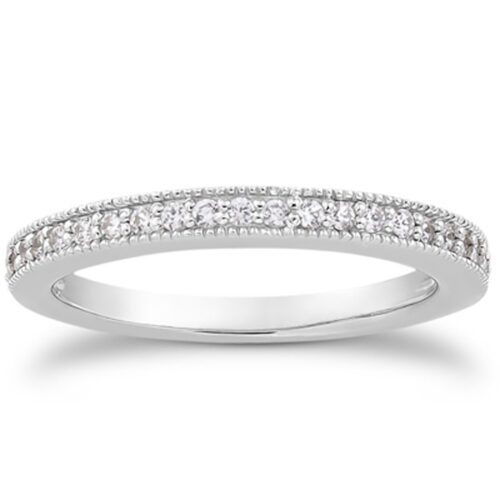 Size: 7.5 – 14k White Gold Pave Diamond Milgrain Wedding Ring Band Set 1/2 Around