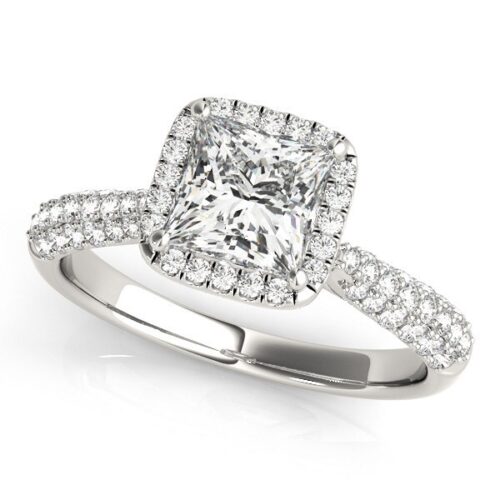 Size: 3.5 – 14k White Gold Halo Pave Band Diamond Engagement Ring (1 1/3 cttw)