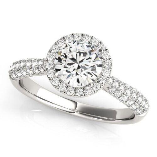 Size: 5.5 – 14k White Gold Halo Diamond Engagement Ring with Pave Band (1 1/3 cttw)