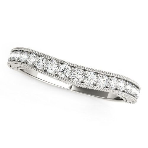 Size: 7.5 – 14k White Gold Bead Border Curved Diamond Wedding Ring (1/4 cttw)