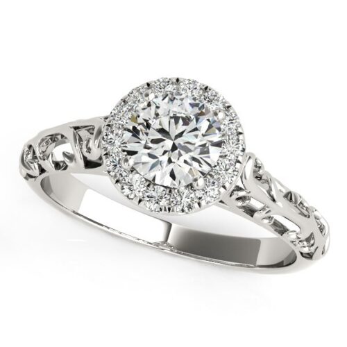 Size: 6.5 – 14k White Gold Halo Antique Style Round Diamond Engagement Ring (5/8 cttw)