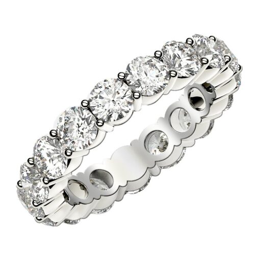 Size: 4 – Round Cut Lab Grown Diamond Eternity Ring in 14k White Gold (3 cttw FG/VS2)