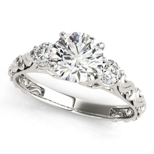 Size: 8.5 – 14k White Gold Antique Design 3 Stone Diamond Engagement Ring (1 3/4 cttw)