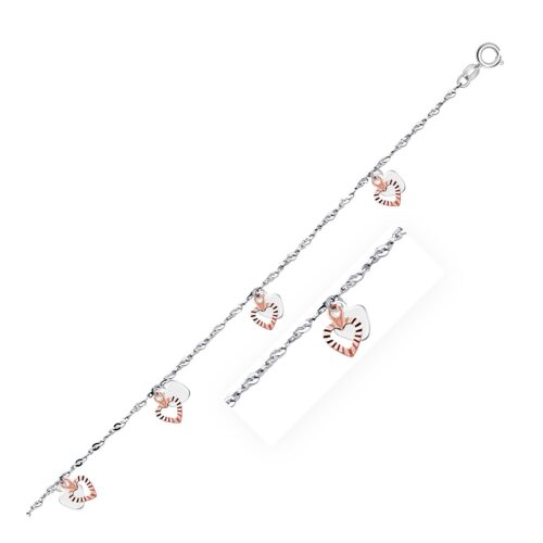 Size: 10” – 14k White and Rose Gold Anklet with Dual Heart Charms