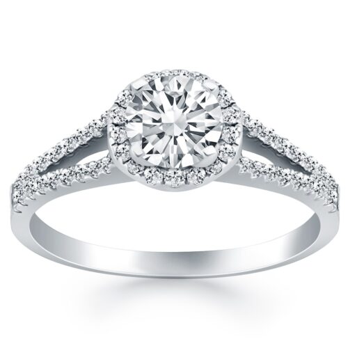 Size: 5.5 – 14k White Gold Diamond Halo Split Shank Engagement Ring