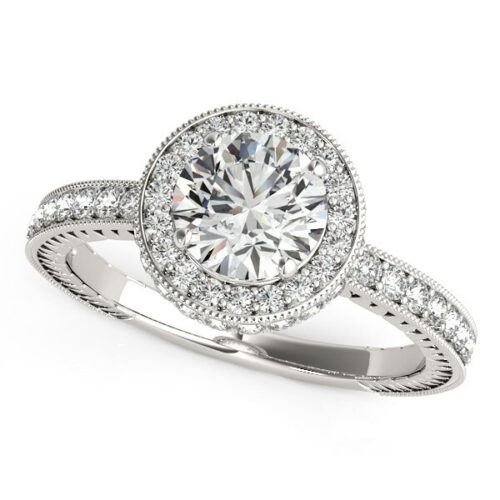Size: 4 – 14k White Gold Milgrain Border Diamond Pave Engagement Ring (1 1/2 cttw)
