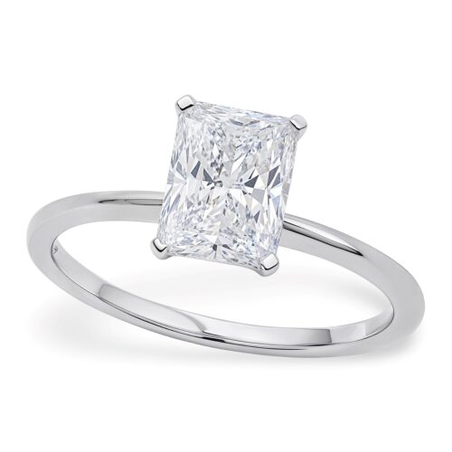 Size: 8.5 – 2 Carat Radiant Lab Grown IGI G/VS1 Diamond Solitaire Ring in Sterling Silver
