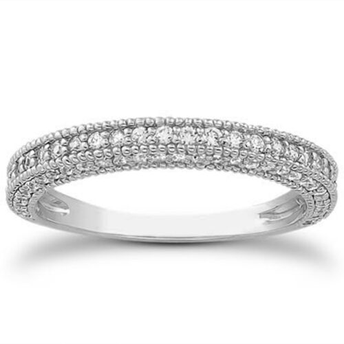 Size: 5 – 14k White Gold Fancy Pave Diamond Milgrain Textured Wedding Ring Band