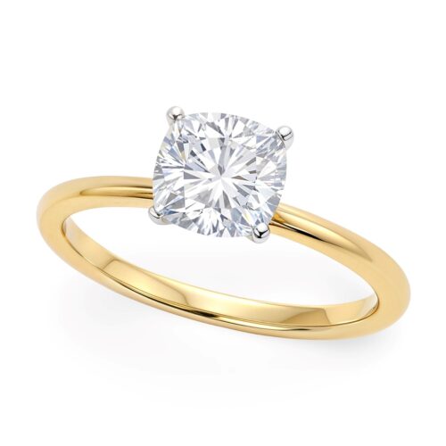 Size: 3 – 1 Carat Cushion Lab Grown IGI G/VS1 Diamond Solitaire Ring in 10K Yellow Gold