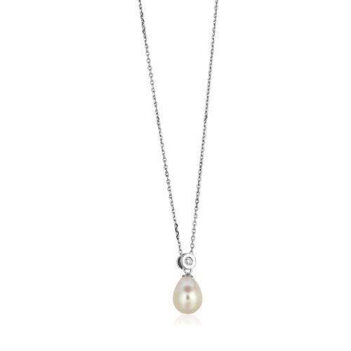 Size: 18” – Sterling Silver Necklace with Pear Shaped Pearl and Cubic Zirconias