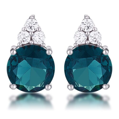 Simple Rhodium Plated 9mm Blue Green CZ Stud Earring