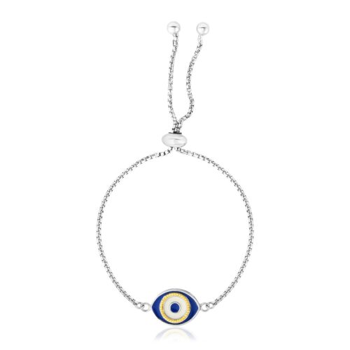 Size: 9.25” – Sterling Silver Adjustable Two Toned Enameled Evil Eye Friendship Bracelet