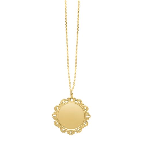 Size: 18 – Baroque Round Pendant and Necklace in 14K Yellow Gold
