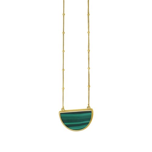 Size: 18 – Malachite Geometric Half Moon Necklace in 14K Yellow Gold