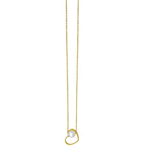 Size: 18 – Open Heart and Pearl Necklace in 14K Yellow Gold