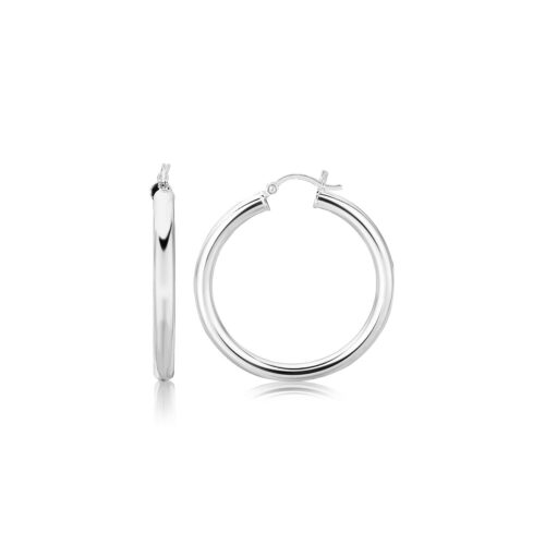 Sterling Silver Thick Rhodium Plated Polished Hoop Style Earrings (4x35mm)