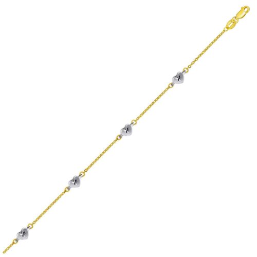 Size: 10” – 14k Two Tone Gold Anklet with Diamond Cut Heart Style Stations